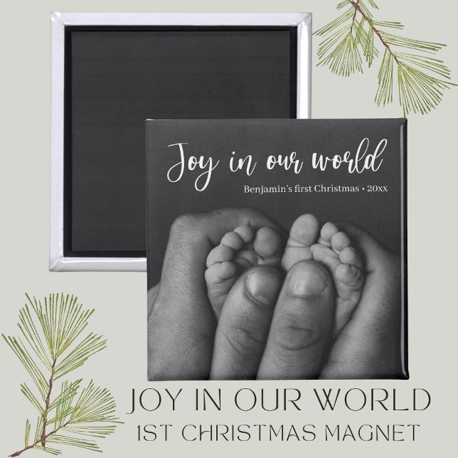 Imã "Alegria em nosso mundo" Primeiro Natal do Bebê Fé (joy in our world photo Christmas magnet babys first christmas holiday gift)