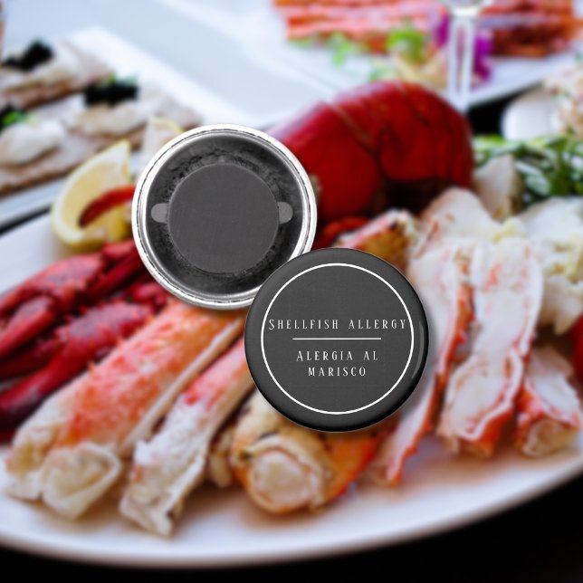 Imã Alergia Bilíngue Preta e Branca a Peixe-Maravilha (Bilingual Food allergy alert, custom text, spanish warning multilingual project)