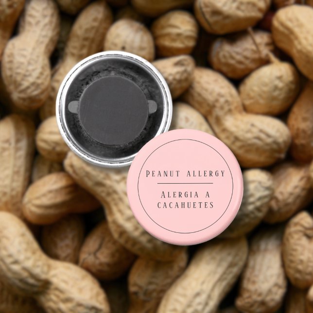Imã Alerta de Alergia Bilíngue a Amendoins Rosa Espanh (Bilingual peanut allergy warning  magnet. Spanish personalized name & text. multlingual project)