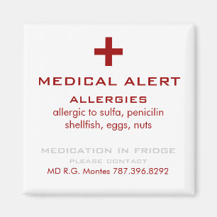 Imã Alerta médico das alergias vermelhas e brancas