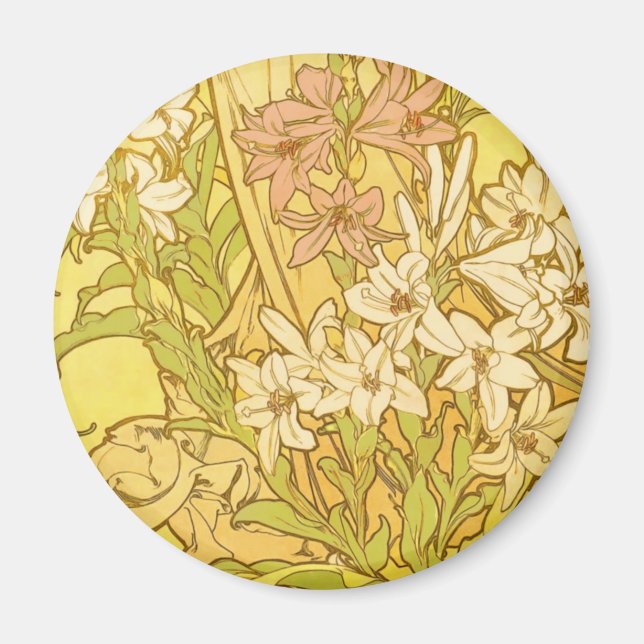 Imã Alfonse Mucha Art Nouveau Lily Flores (Frente)