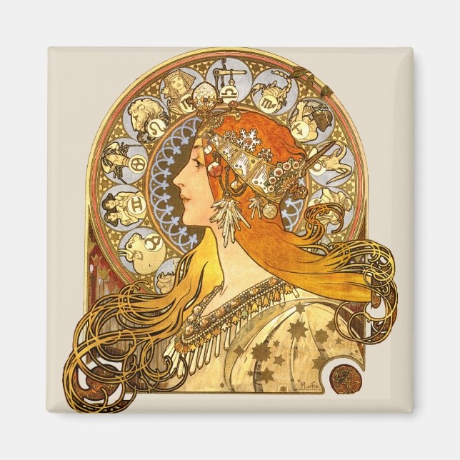 Imã Alfonse Mucha Zodiac Art Nouveau Mulher (Frente)