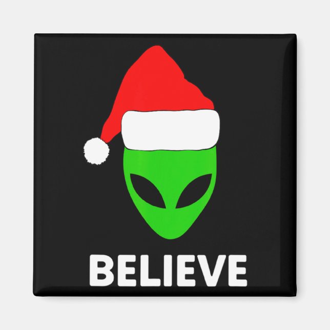 Imã Alien Green Face Christmas Santa Hat Believe  (Frente)