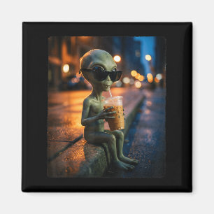 Imã Alienígena engraçado vestindo óculos de sol bebend