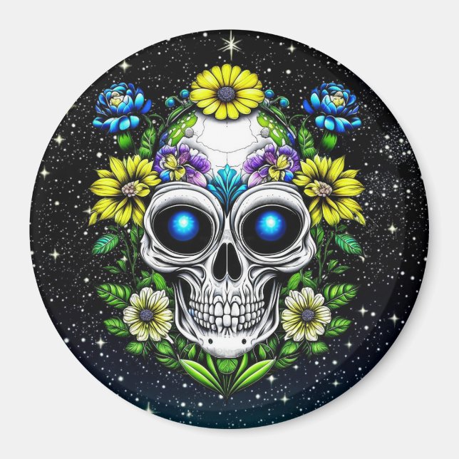 Imã Alienígena Extraterrestre com Olhos Azuis e Flores (Frente)