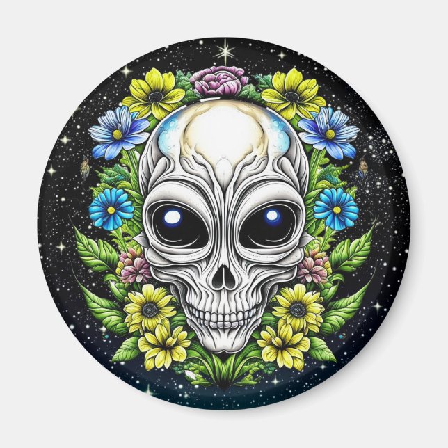 Imã Alienígena extraterrestre com olhos azuis e flores (Frente)