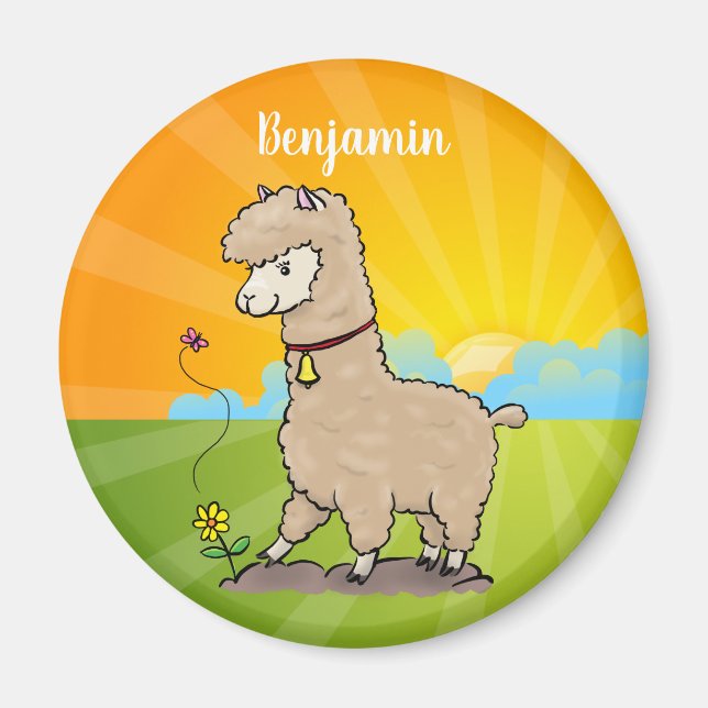Imã Alpaca feliz e giro com cartoon de borboleta (Frente)