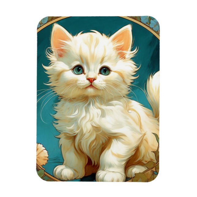 Ímã Alphonse Mucha Art Nouveau White Cat (Vertical)