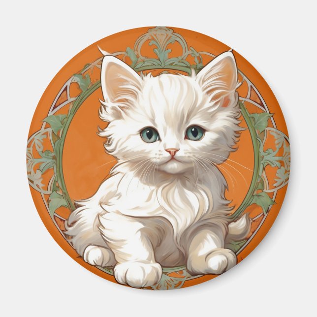 Imã Alphonse Mucha Art Nouveau White Kitten (Frente)