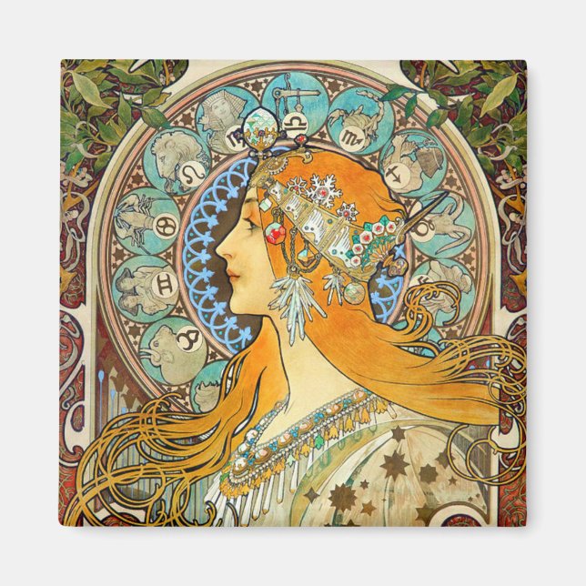 Imã Alphonse Mucha Art Nouveau Zodiac (Frente)