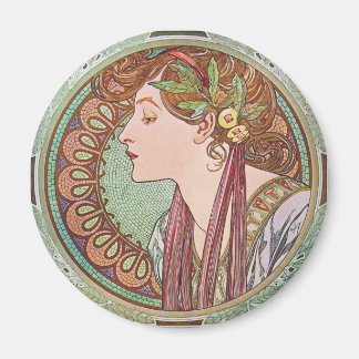 Imã Alphonse Mucha Laurel Art Nouveau Round Magnet