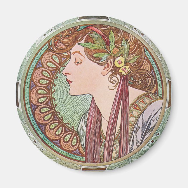 Imã Alphonse Mucha Laurel Art Nouveau Round Magnet (Frente)