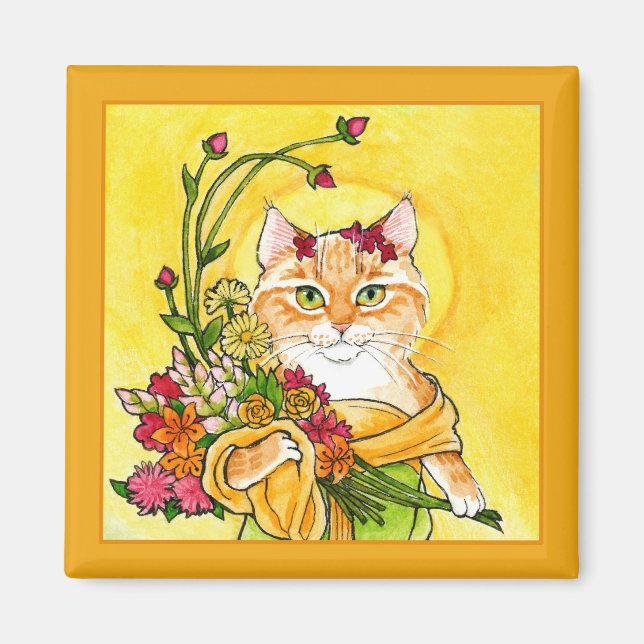 Imã Alphonse Mucha spoof Magnet de flores de gato (Frente)