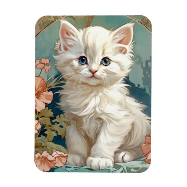 Ímã Alphonse Mucha Style White Cat (Vertical)