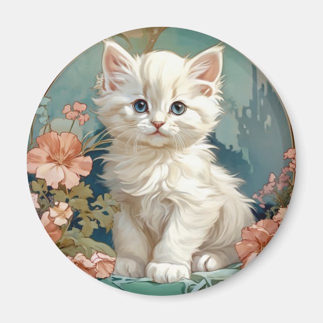 Imã Alphonse Mucha Style White Cat (Frente)
