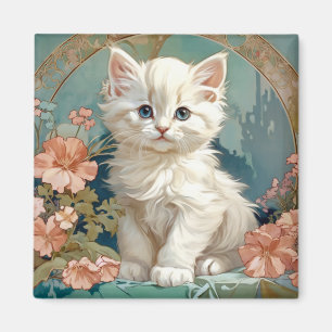 Imã Alphonse Mucha Style White Cat, arte de gatinhos p