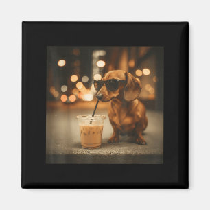 Imã Amante engraçado de dachshund bebendo café gelado