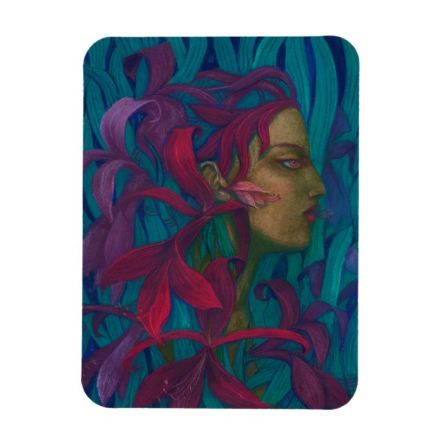 Ímã Amaryllis, mulher e flores, pop-surrealismo de art (Vertical)