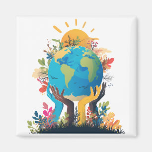 Imã Ambiente - Ilustração da Terra com Mão e Sol