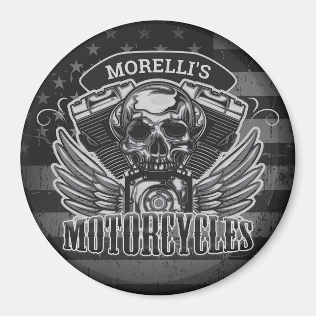 Imã American Biker ADD NAME Skull V-Twin Motocicletas (Frente)