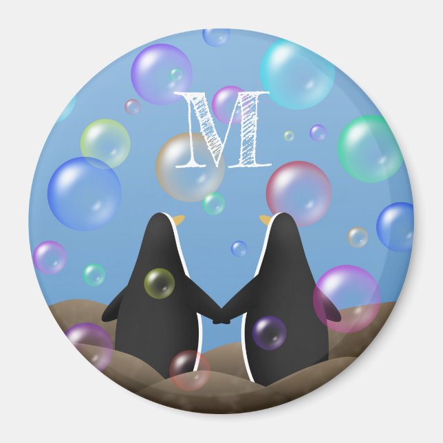 Imã amigos pinguins olhando para bolhas monogramadas (Frente)