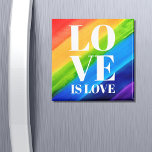 Imã Amor é Orgulho gay Arco-Íris<br><div class="desc">Este Orgulho gay Magnet é decorado com LOVE IS LOVE em letras brancas em negrito sobre um fundo arco-íris de cor d'água de vermelho,  laranja,  amarelo,  verde,  azul e roxo. Original Watercolor © Michele Davies.</div>