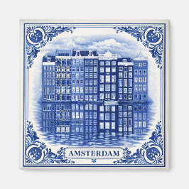 Imã Amsterdam canal houses Delft Blue style magnet