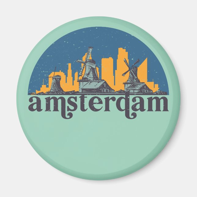 Imã Amsterdam Netherlands Vintage City Skyline (Frente)