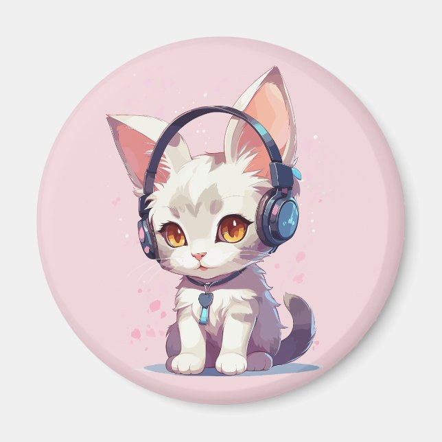 Imã Amuleto de Gatinho Fofo com Fones de Ouvido (Frente)