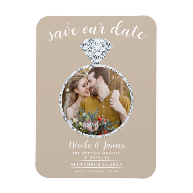Ímã Anel de Noivado Bege Brilho Foto Save the Date (Vertical)