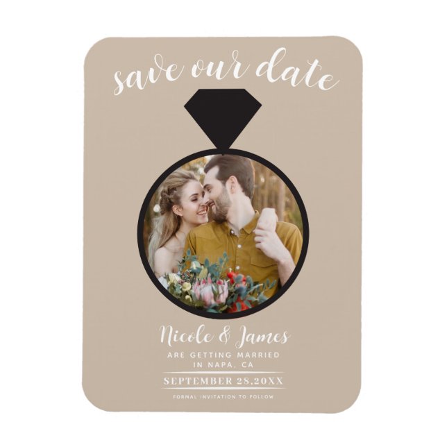 Ímã Anel de Noivado Bege Foto Save the Date (Vertical)