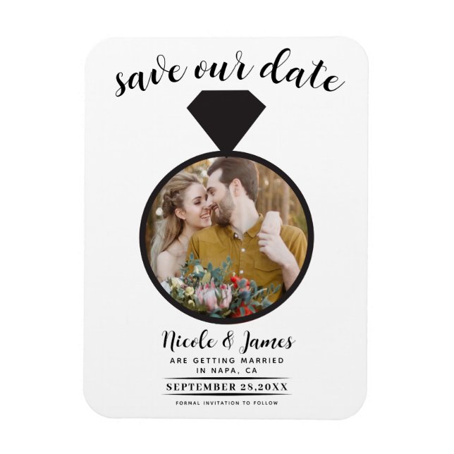 Ímã Anel de Noivado Branco e Preto Foto Save the Date (Vertical)