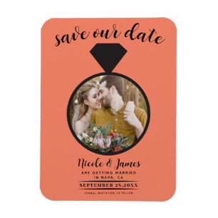 Ímã Anel de Noivado Salmão Laranja Foto Save the Date