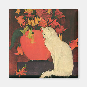 Imã Animais Antigos, Gato Branco Elegante, Flores de O
