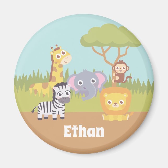 Imã Animais Fofos da Savana Leão Girafa Zebra Macaco (Frente)