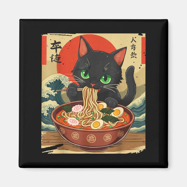 Imã Anime Cat Eating Ramen Japanese Art Graphic Cat Cu (Frente)