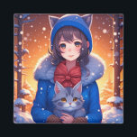 Imã Anime Girl e Kitten Winter Christmas<br><div class="desc">Menina de anime bonita com uma gatinha de cinza brincando e um ímã de Natal de fundo de inverno nevado.</div>