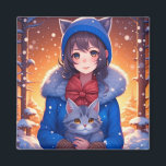Imã Anime Girl e Kitten Winter Christmas<br><div class="desc">Menina de anime bonita com uma gatinha de cinza brincando e um ímã de Natal de fundo de inverno nevado.</div>