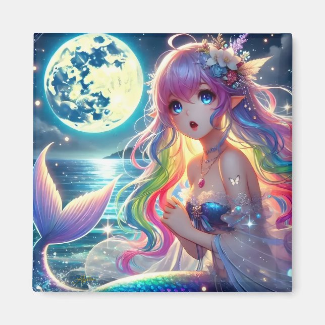 Imã Anime Girl Singing Moonlight Pixie Rainbow Mermaid (Frente)