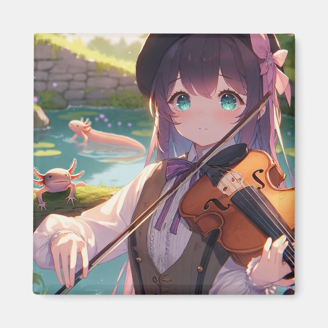 Imã Anime Girl tocando violino e Axolotls (Frente)