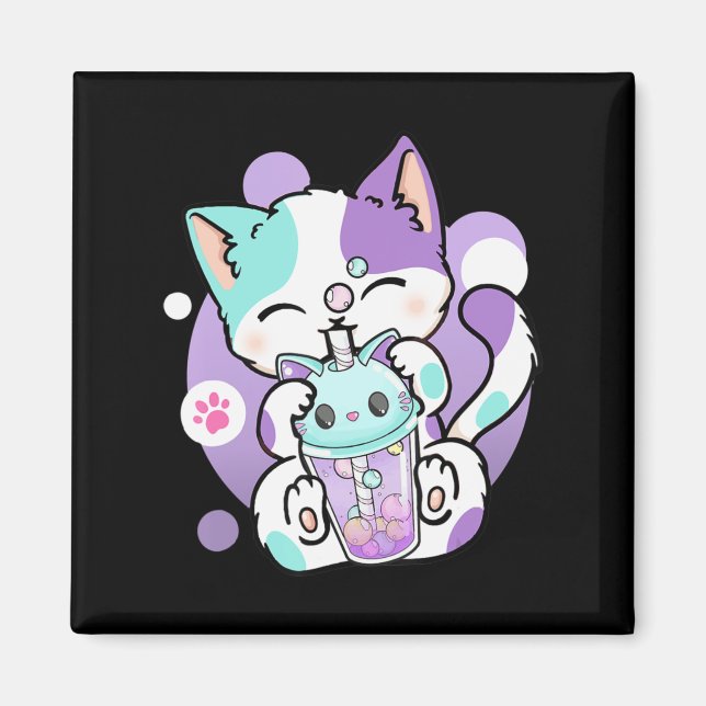 Imã Anime Kawaii Cat Boba Bubble Tea Neko Boba Tea Cat (Frente)