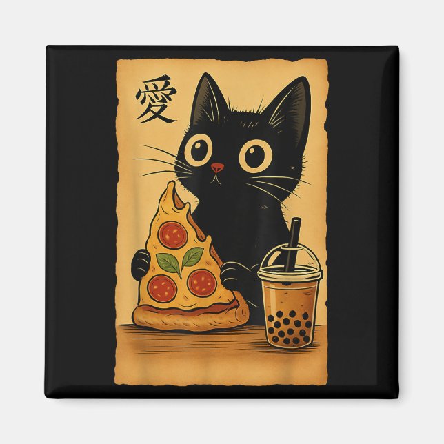 Imã Anime Kawaii Japonês Cat Zza A Tea Cat Comendo Zza (Frente)