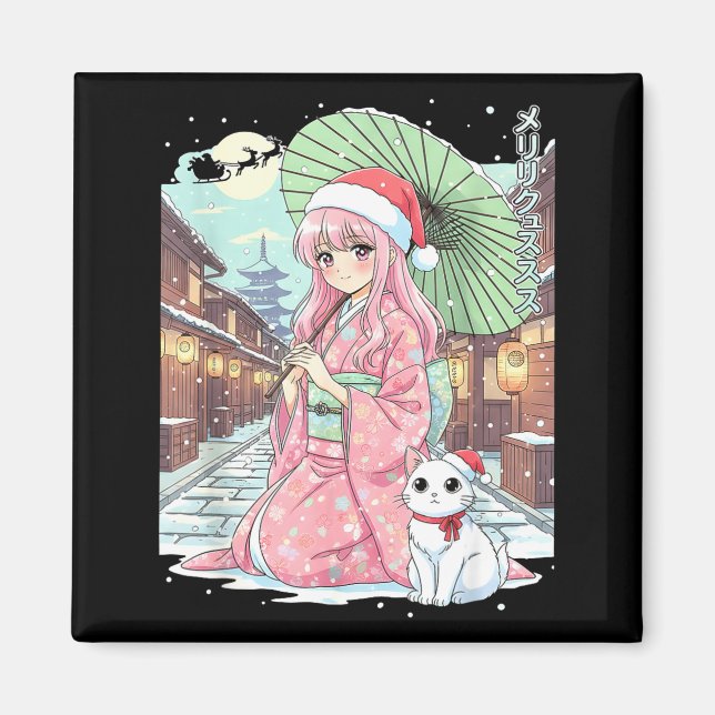 Imã Anime Kimono Girl Christmas Japan Cat Xmas Japan A (Frente)