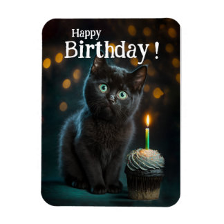 Ímã Aniversário Adorável de Kitten Preto, Personalizáv