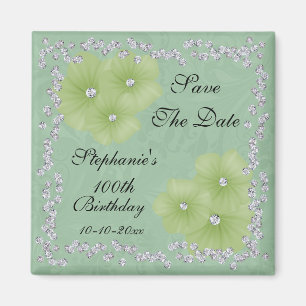 Imã Aniversário de 100 anos Green Damask & Flores