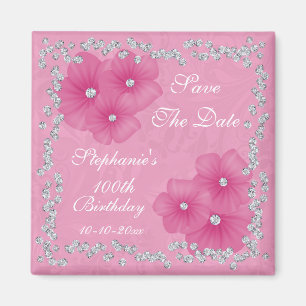 Imã Aniversário de 100 anos Pink Damask & Flores