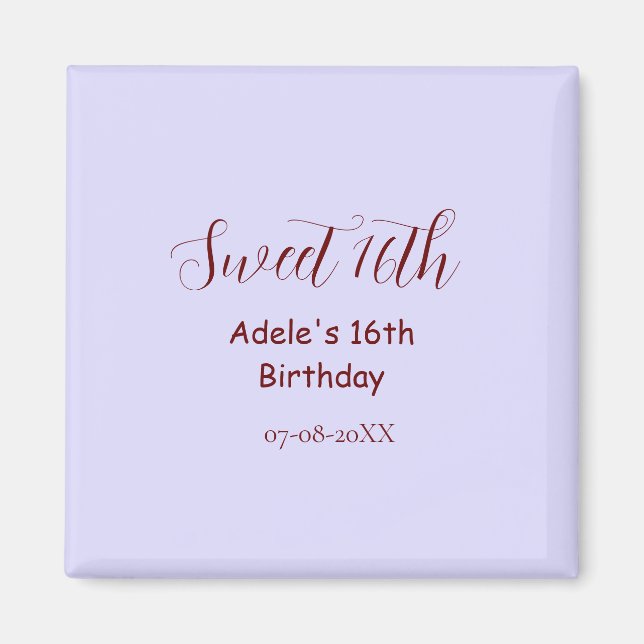 Imã Aniversário de 16 anos doce nome roxo pastel retro (Frente)