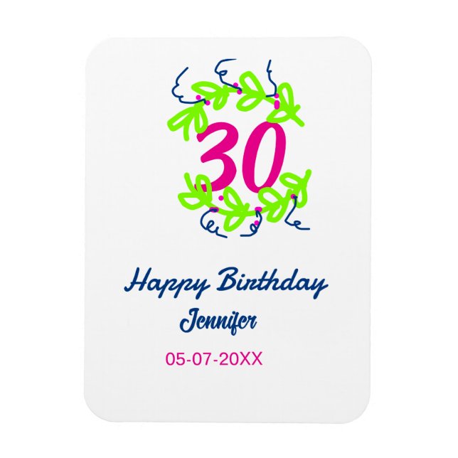Ímã aniversário de 30 anos verde azul wreath name date (Vertical)