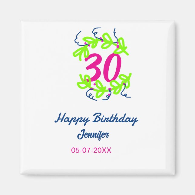 Imã aniversário de 30 anos verde azul wreath name date (Frente)