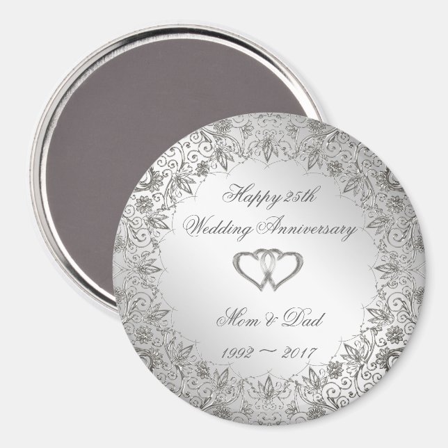 Imã Aniversário de Casamento de 25 Silver Flourish (Front/Back)